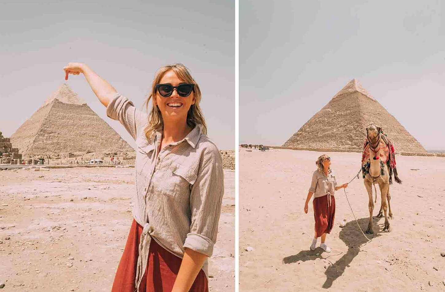 Una Imagen Muy Bella Delante De Las Piramides De Giza Con Camellos